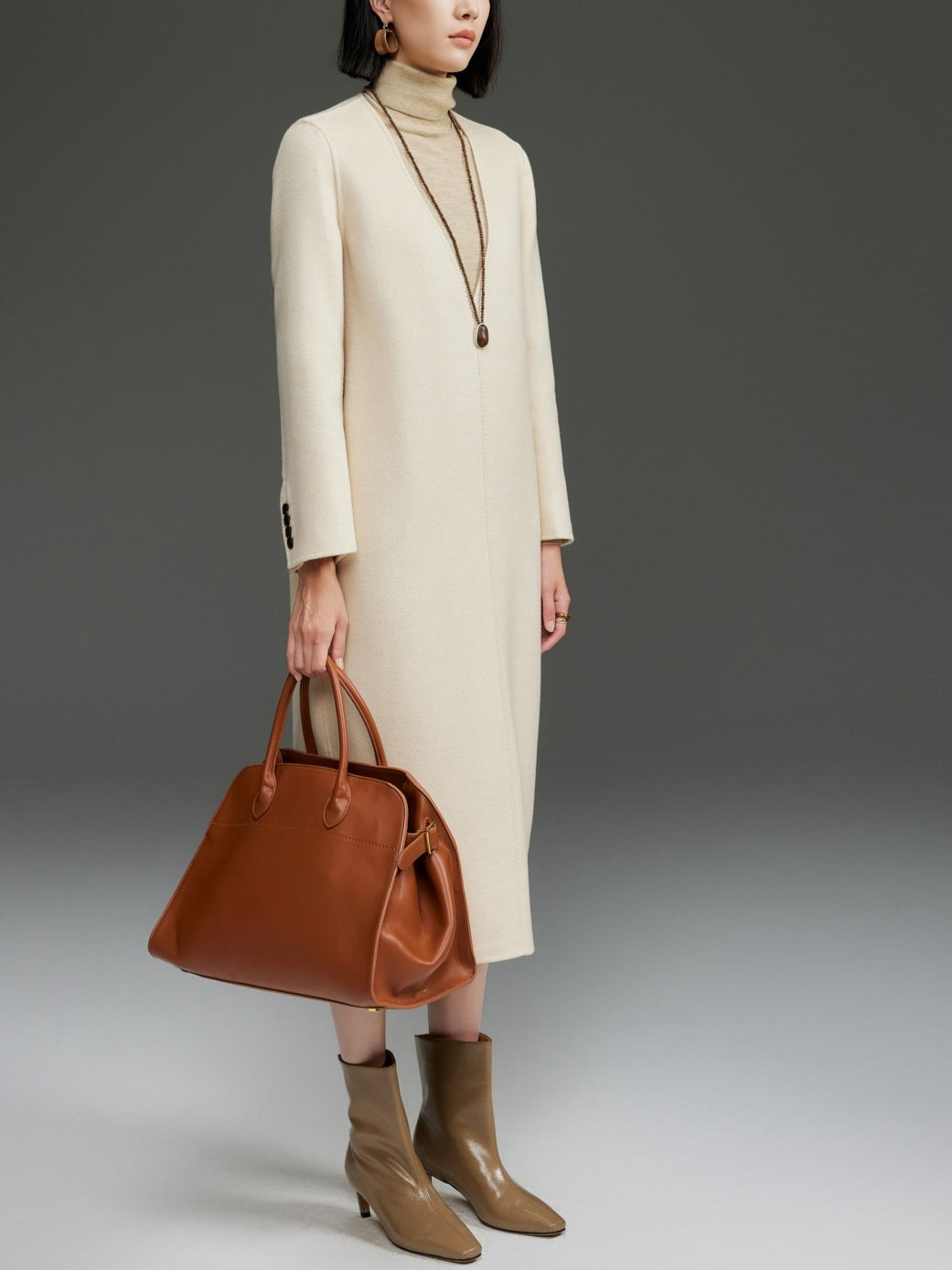 Reversible Cashmere Wool Coat Women, Deep V-Neck Pullover Long Dress Style