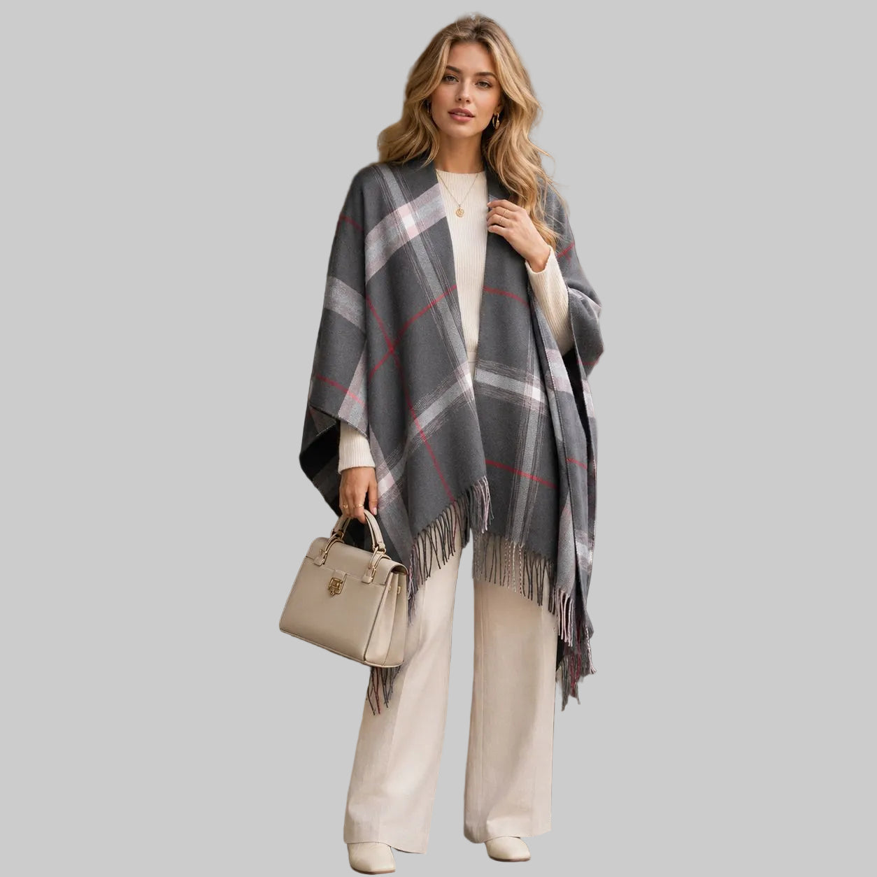 Women’s Plaid Cashmere-Feel Poncho Shawl – Warm Fringed Cape Wrap