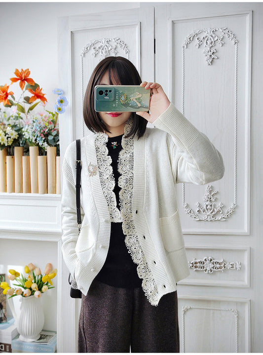 Women’s Lace Trim Wool Cardigan – V-Neck French Style Knit Jacket