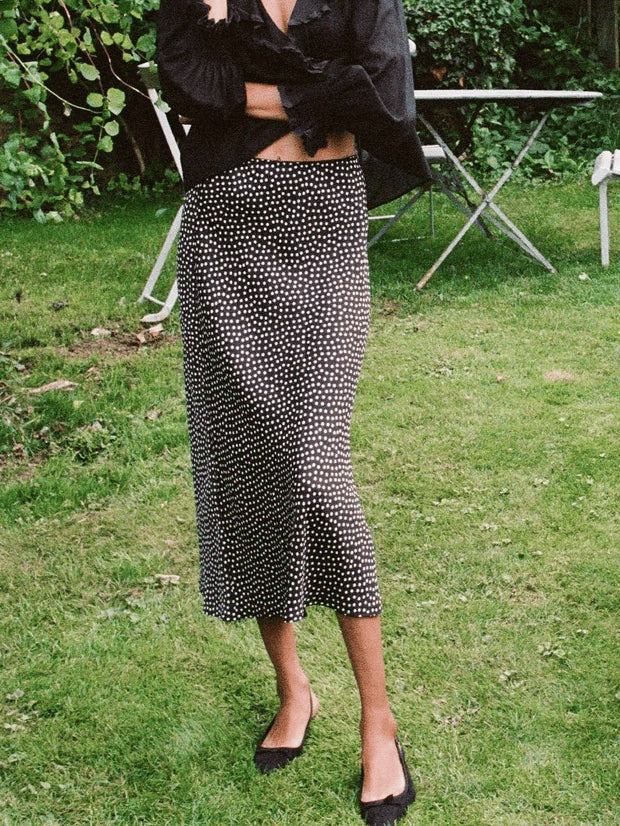 Elegant Polka Dot Silk-Blend Skirt | Asymmetrical Draped Design
