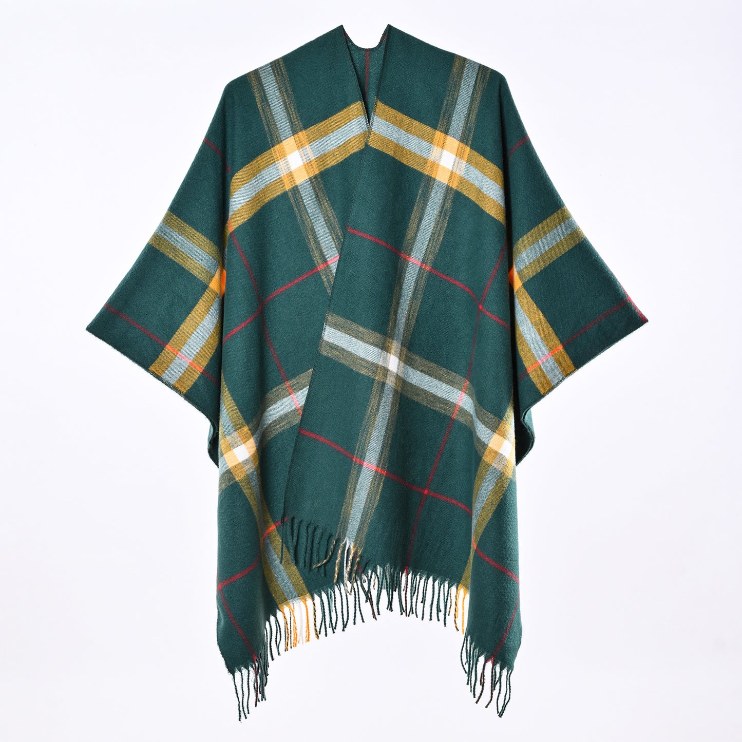 Women’s Plaid Cashmere-Feel Poncho Shawl – Warm Fringed Cape Wrap