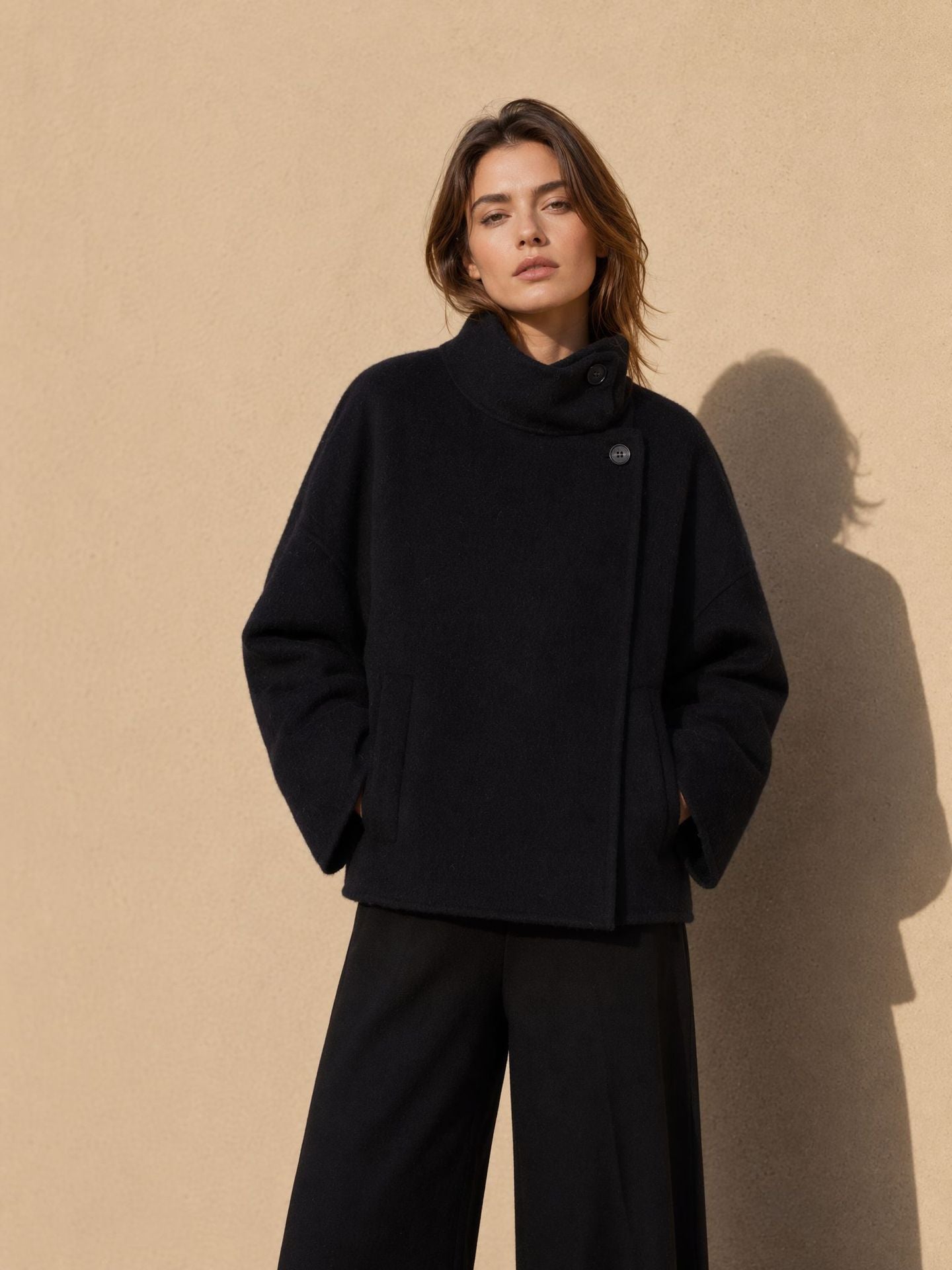 Women’s Double-Faced Wool-Blend Short Coat – Soft Rabbit Hair Blend Jacket