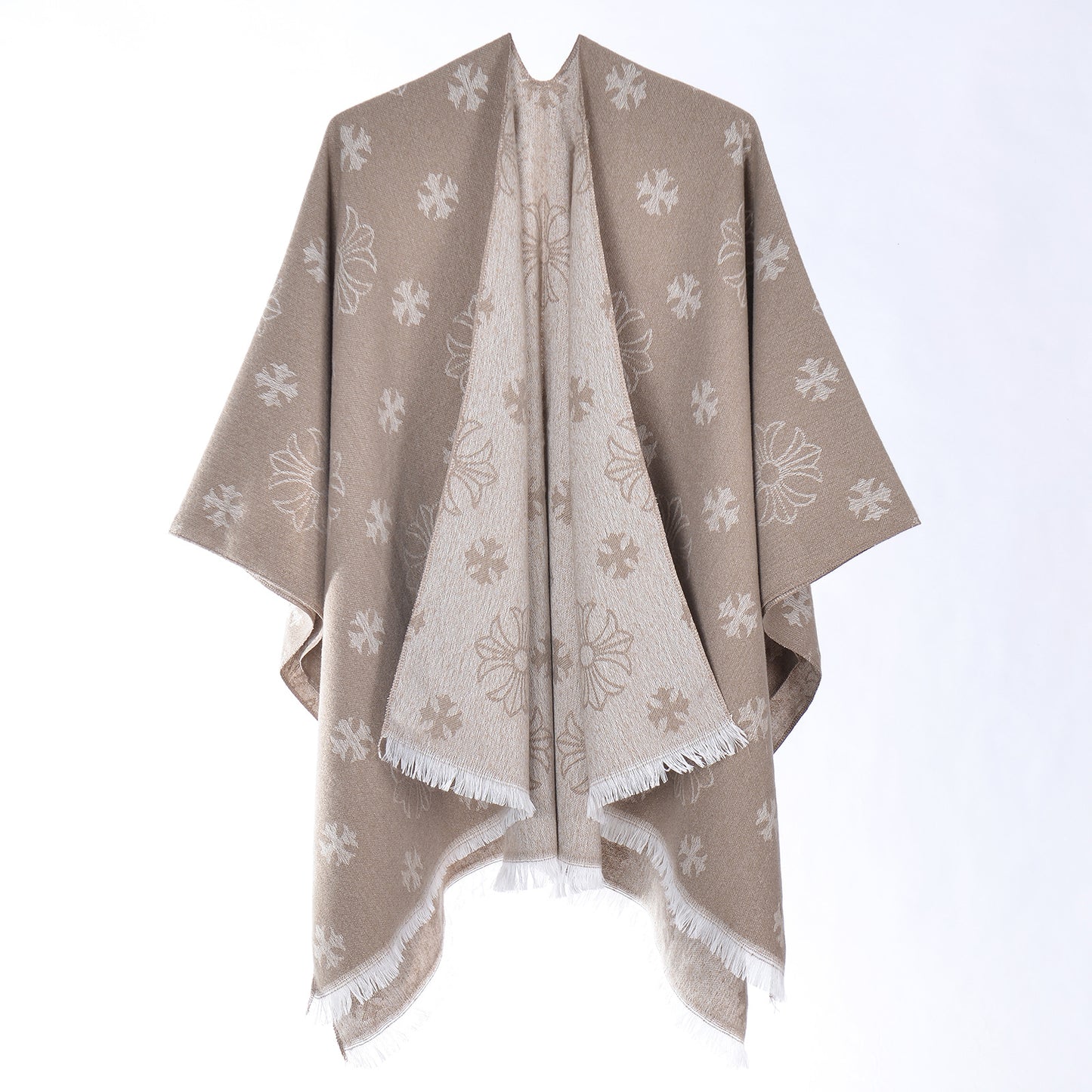 Cashmere-Feel Striped Poncho Shawl 2026031