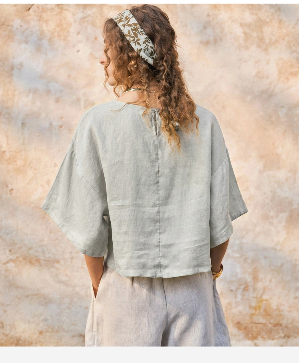 100% Linen Bell Sleeve Top