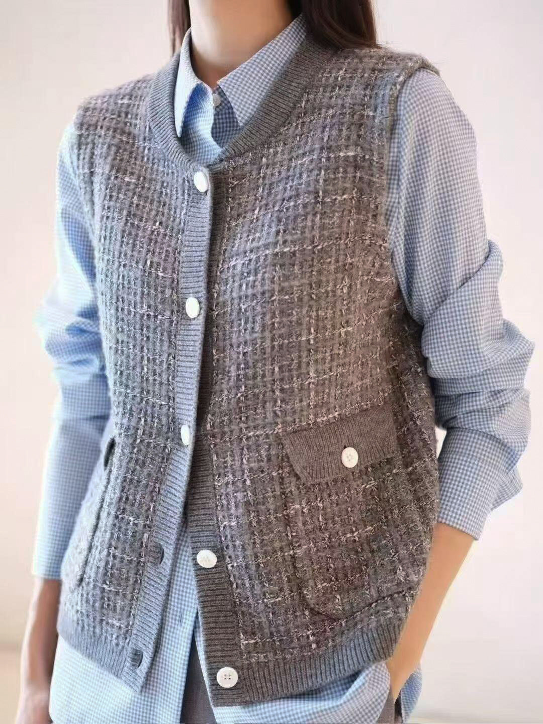 Wool-Blend Tweed Knit Vest – Chanel-Inspired Sleeveless Cardigan