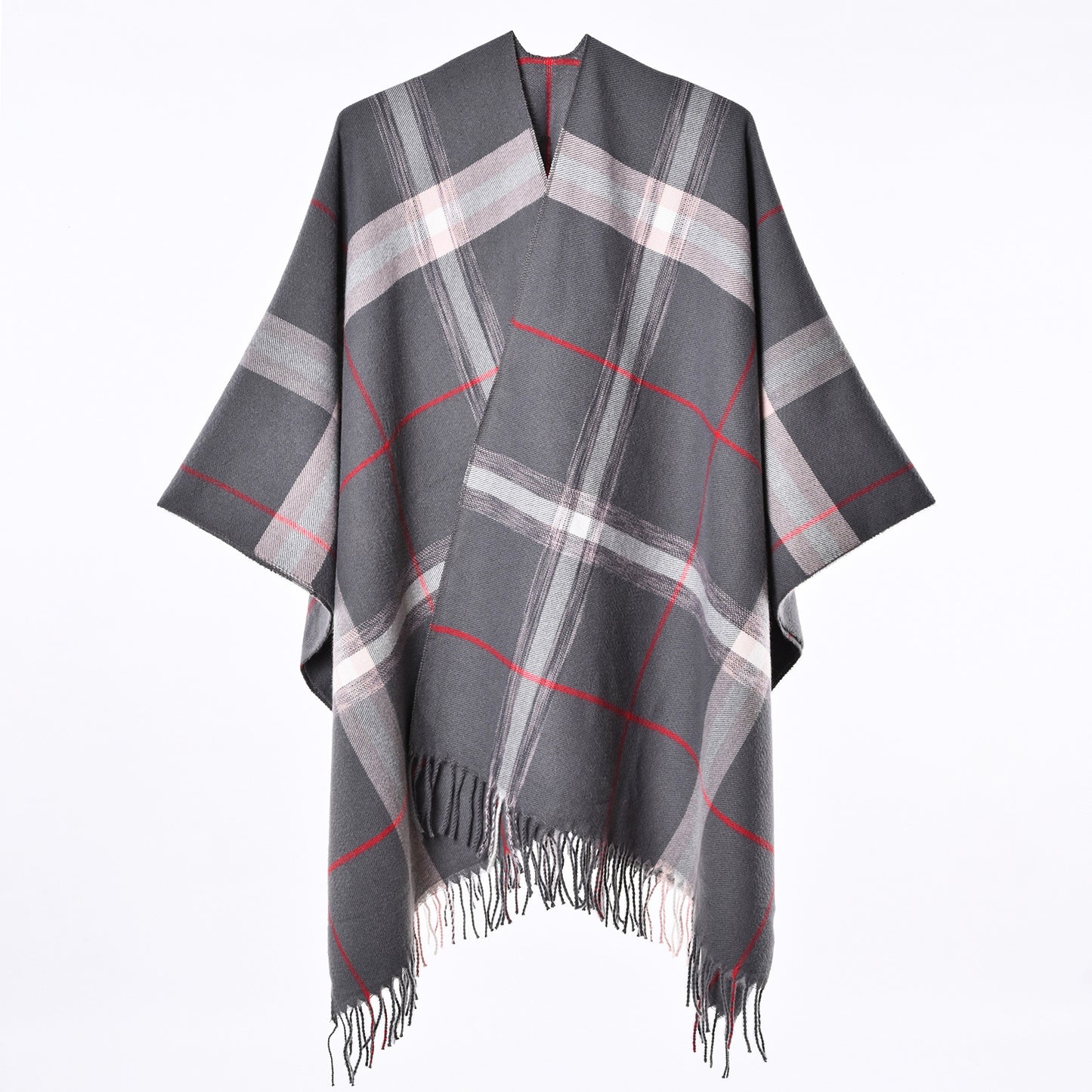 Women’s Plaid Cashmere-Feel Poncho Shawl – Warm Fringed Cape Wrap