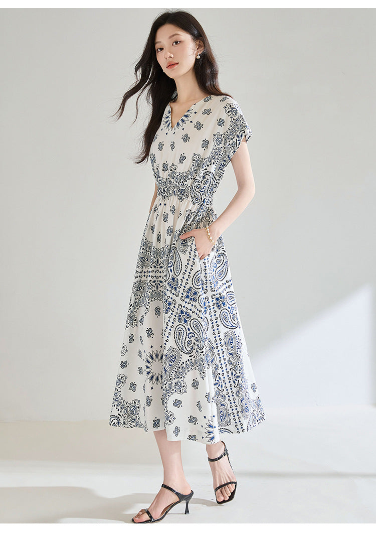 Summer Paisley Print Cotton Dress – Elastic Waist French Vintage Resort Dress