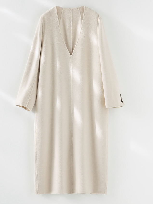 Reversible Cashmere Wool Coat Women, Deep V-Neck Pullover Long Dress Style