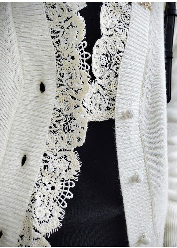 Women’s Lace Trim Wool Cardigan – V-Neck French Style Knit Jacket