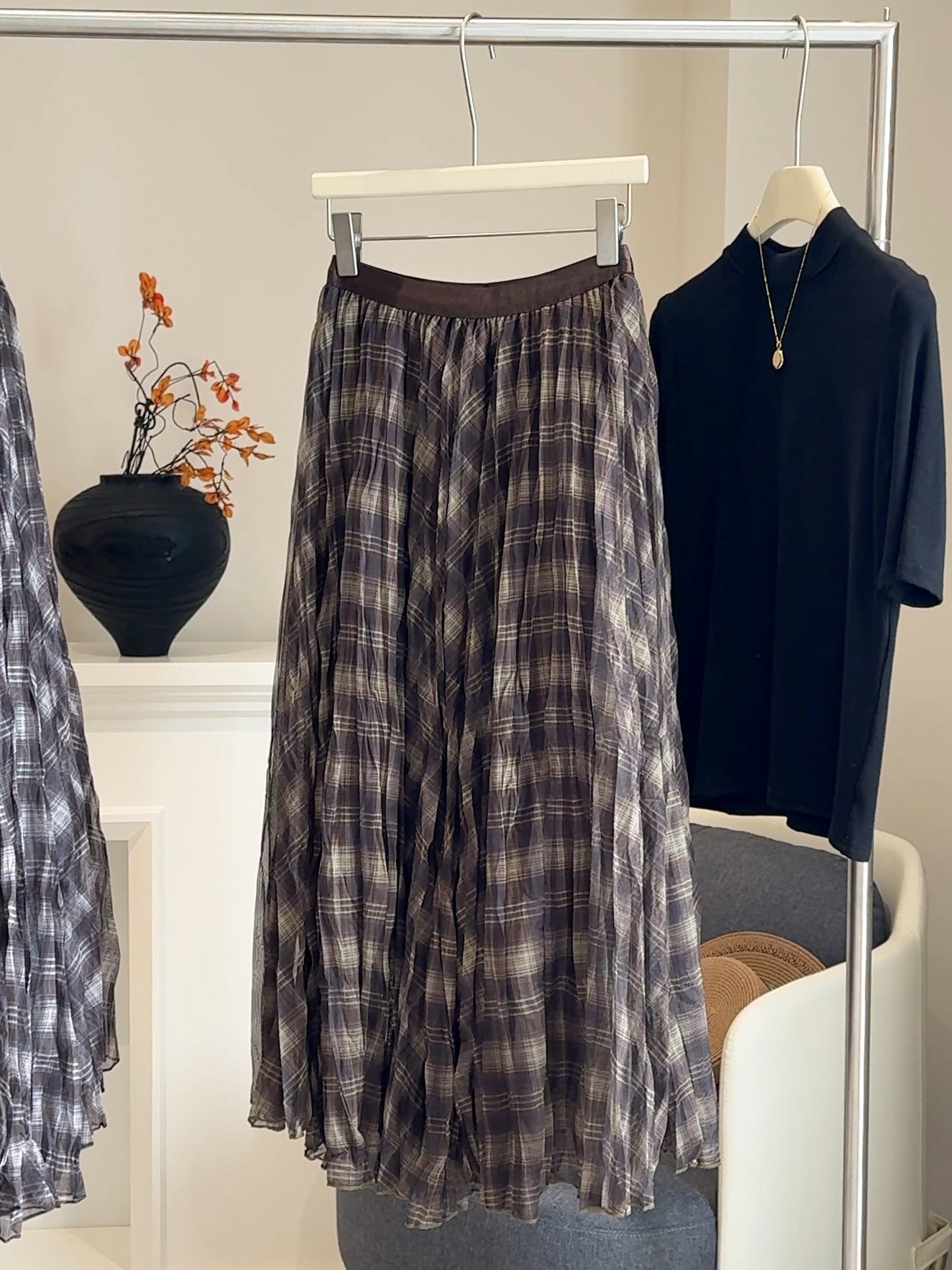 Plaid Mesh Layered Midi Skirt