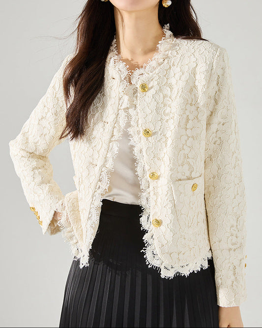 French-Inspired Lace Trim Tweed Jacket – Eyelash Lace Detail