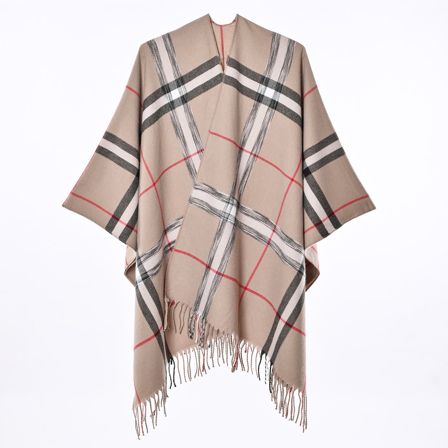 Women’s Plaid Cashmere-Feel Poncho Shawl – Warm Fringed Cape Wrap