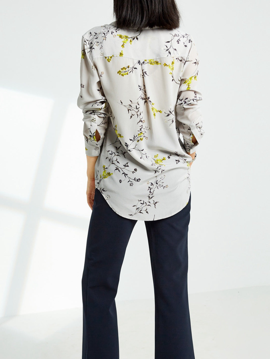 2025 New Sand-Washed Silk Shirt with Cool, Elegant Plum Blossom Print on Gray Base - Women's Top