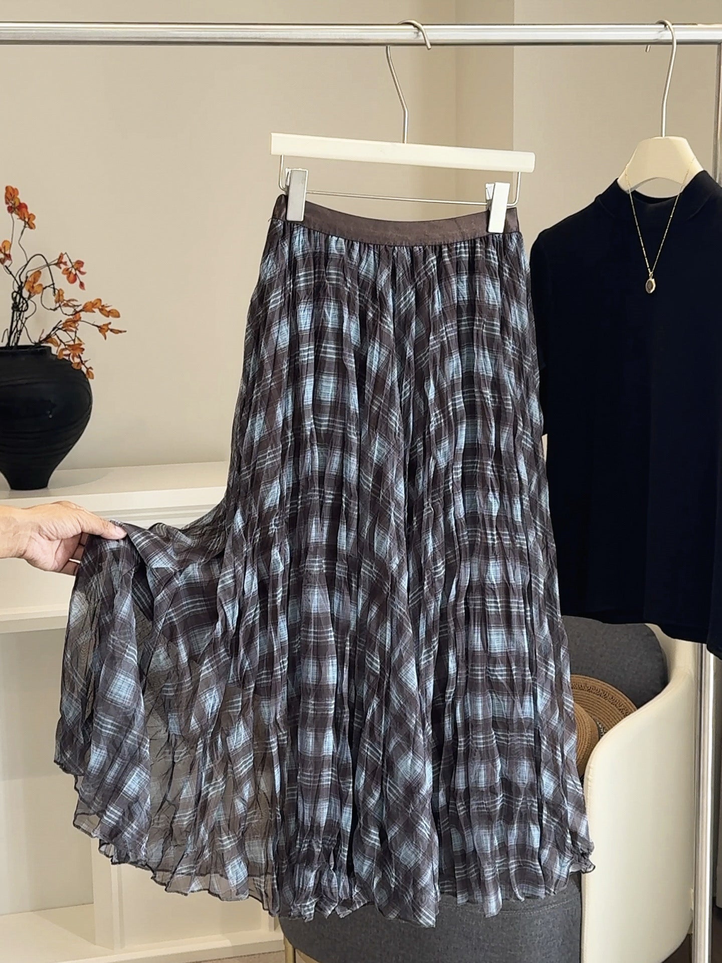 Plaid Mesh Layered Midi Skirt