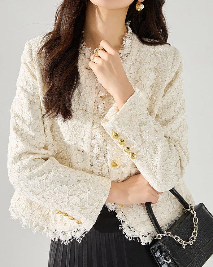 French-Inspired Lace Trim Tweed Jacket – Eyelash Lace Detail