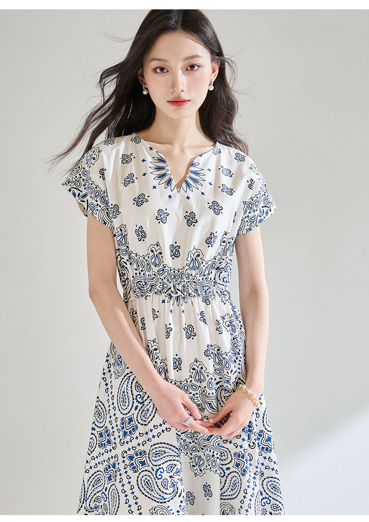 Summer Paisley Print Cotton Dress – Elastic Waist French Vintage Resort Dress