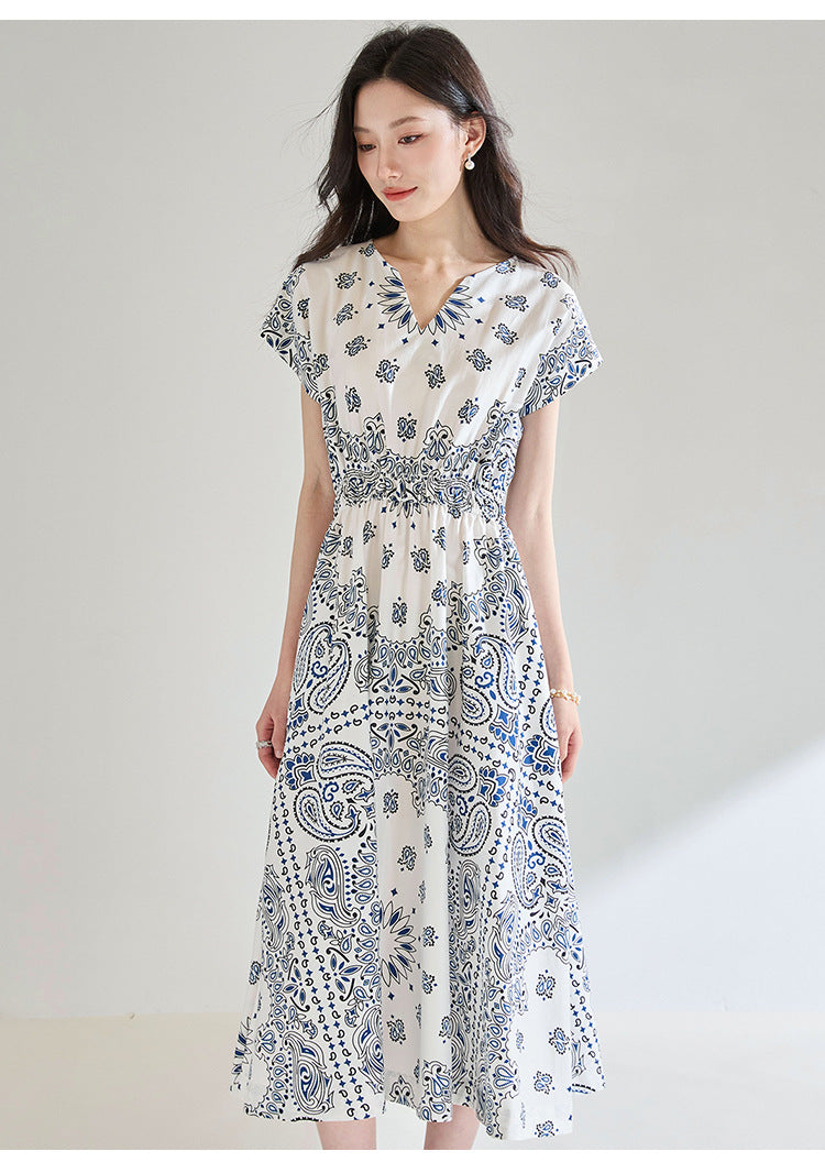 Summer Paisley Print Cotton Dress – Elastic Waist French Vintage Resort Dress