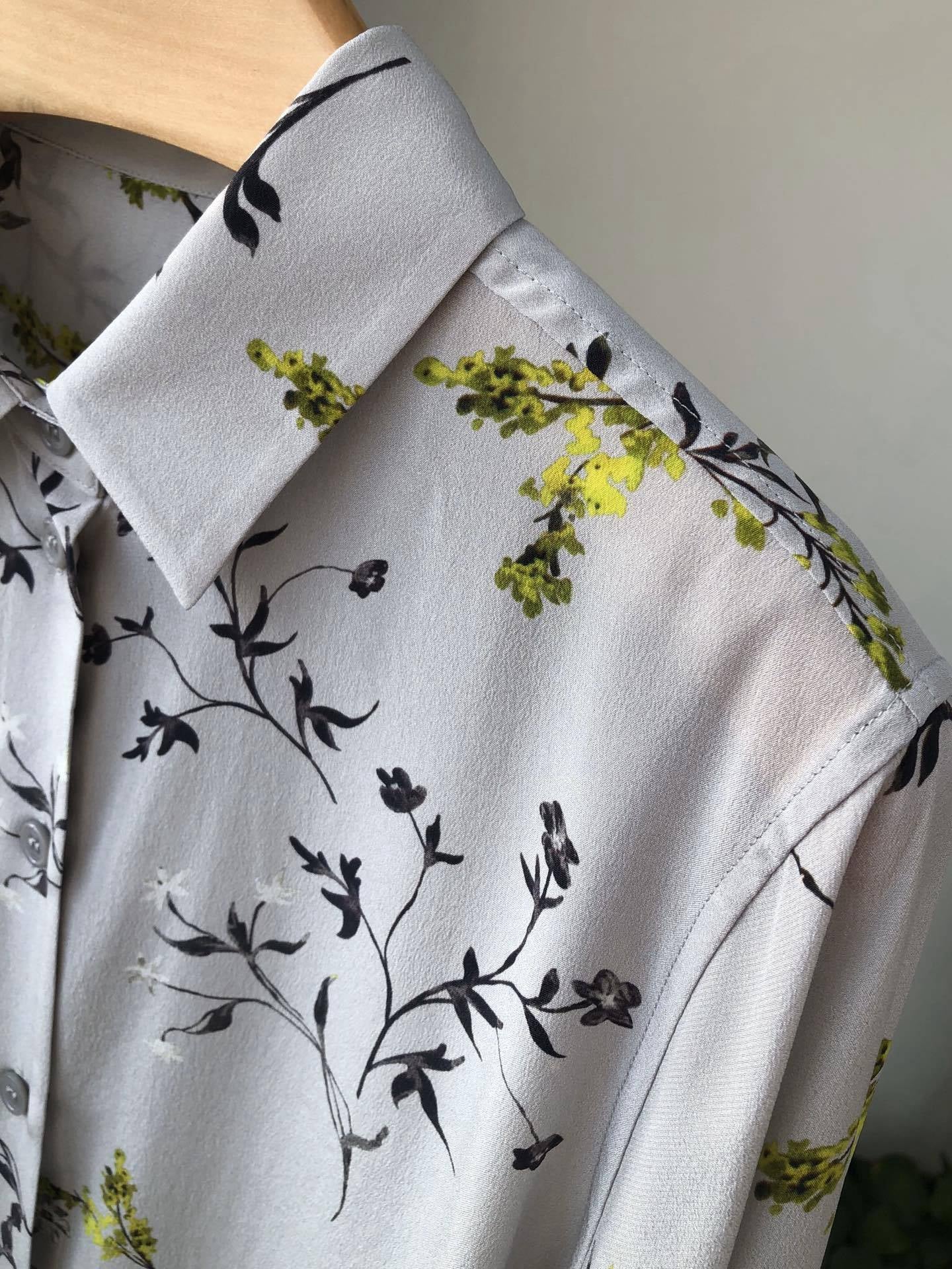 2025 New Sand-Washed Silk Shirt with Cool, Elegant Plum Blossom Print on Gray Base - Women's Top