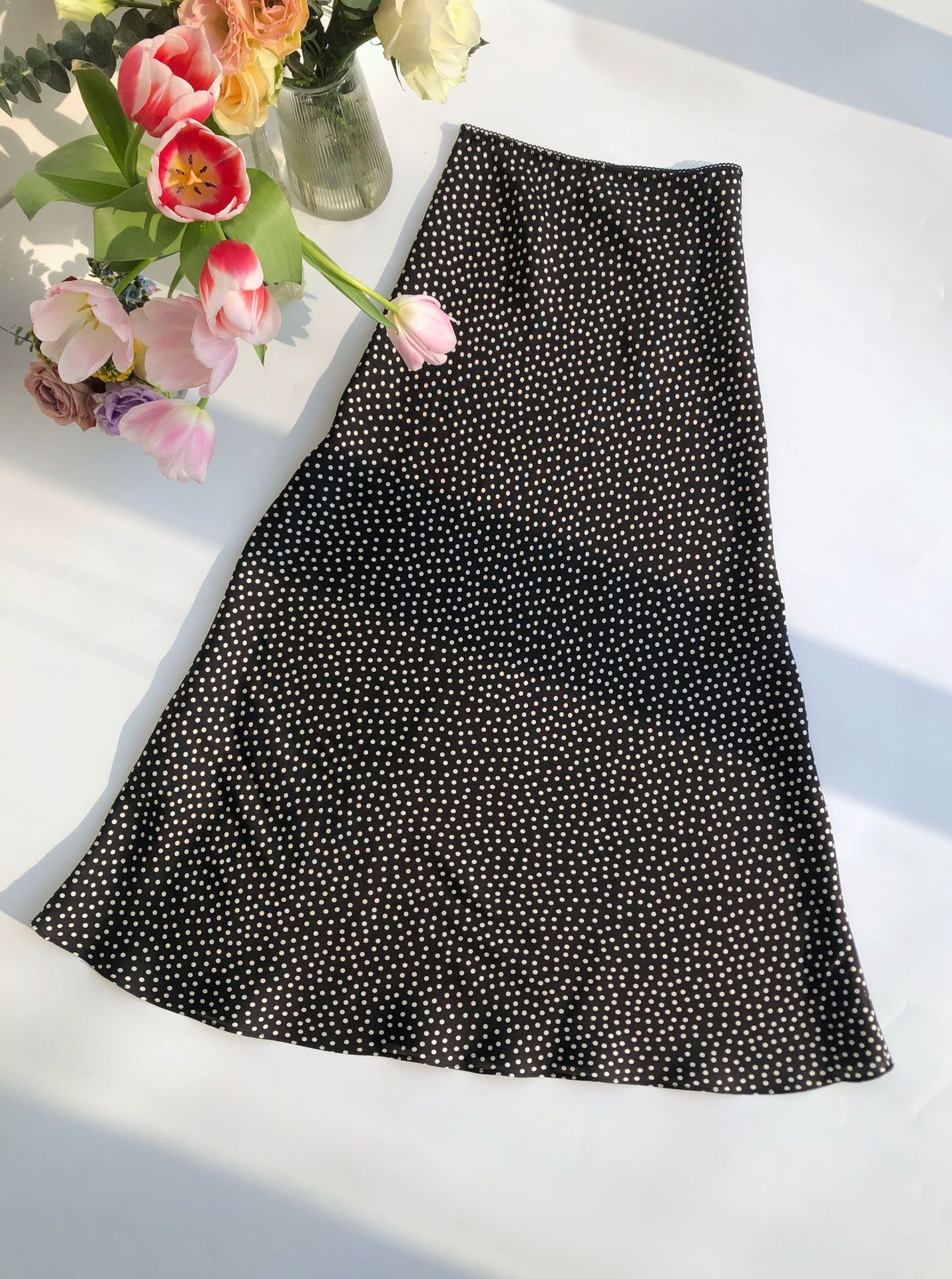 Elegant Polka Dot Silk-Blend Skirt | Asymmetrical Draped Design