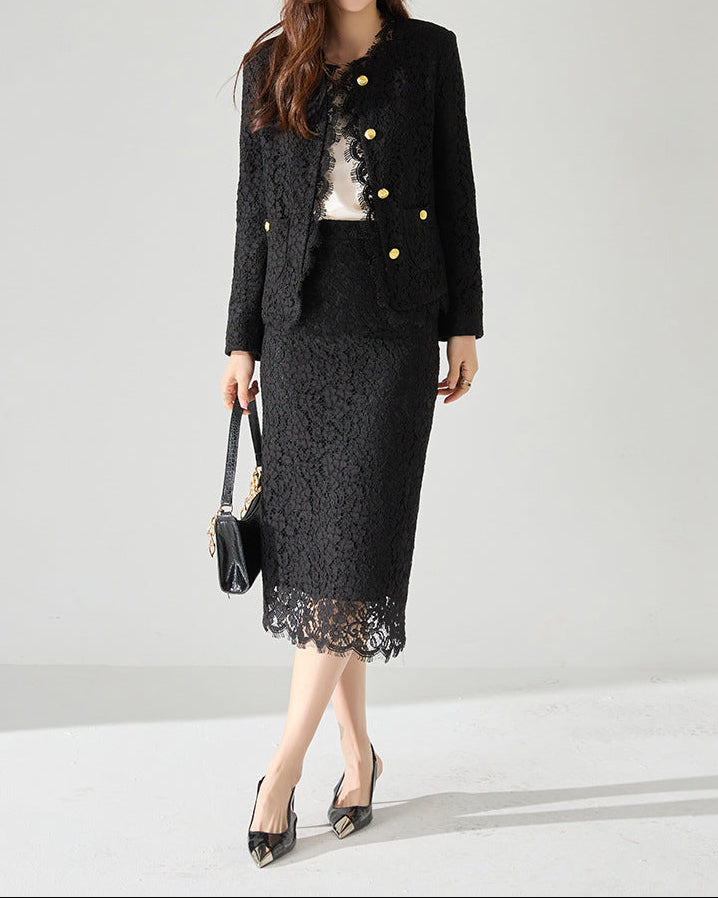 French-Inspired Lace Trim Tweed Jacket – Eyelash Lace Detail