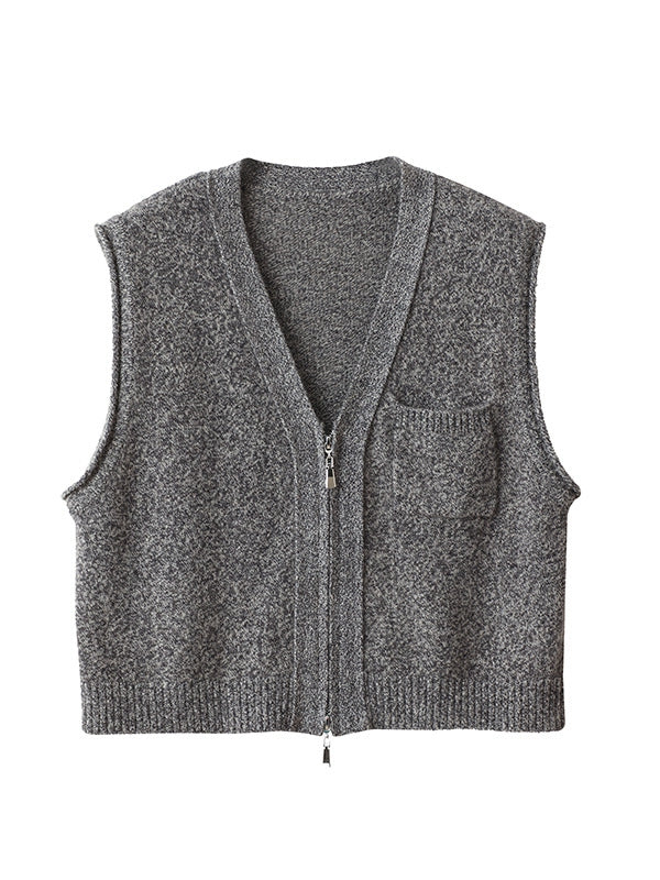 100% Wool Double-Zip V-Neck Vest – Vintage Casual Style