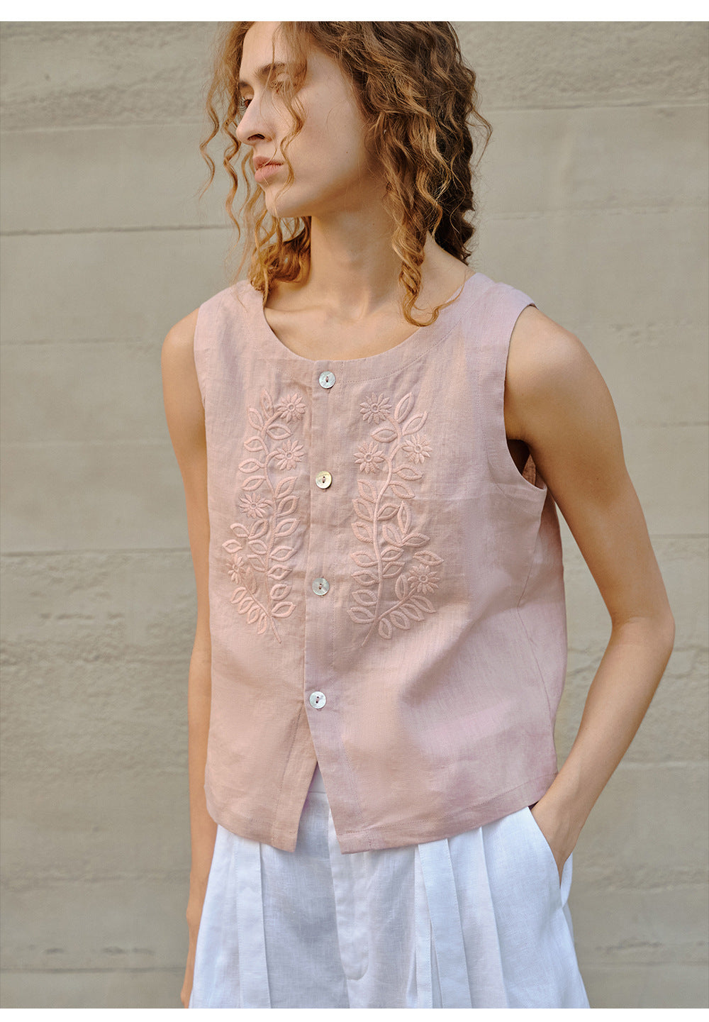 100% Linen Vest – Embroidered Sleeveless Top-5202001WSAK