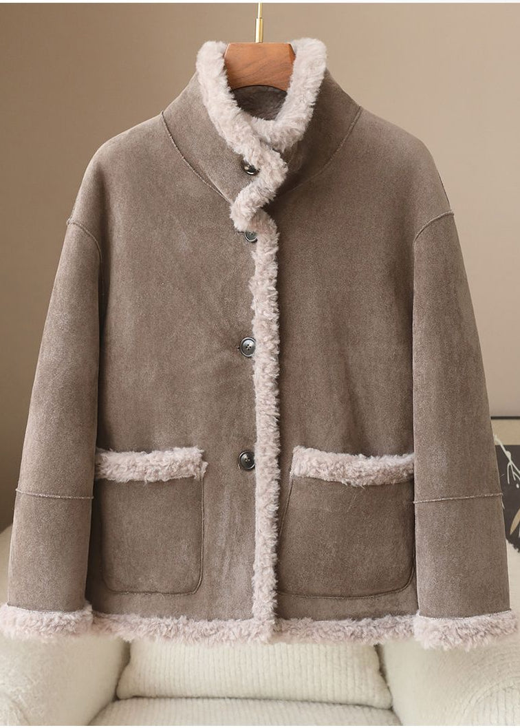 Reversible Genuine Shearling Coat – 100% Wool Stand Collar Jacket