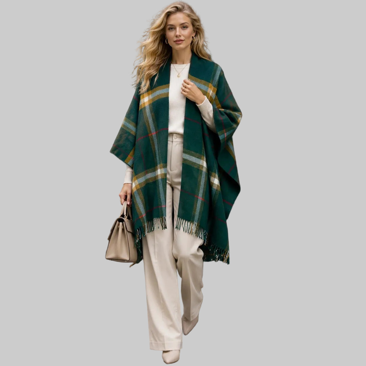 Women’s Plaid Cashmere-Feel Poncho Shawl – Warm Fringed Cape Wrap