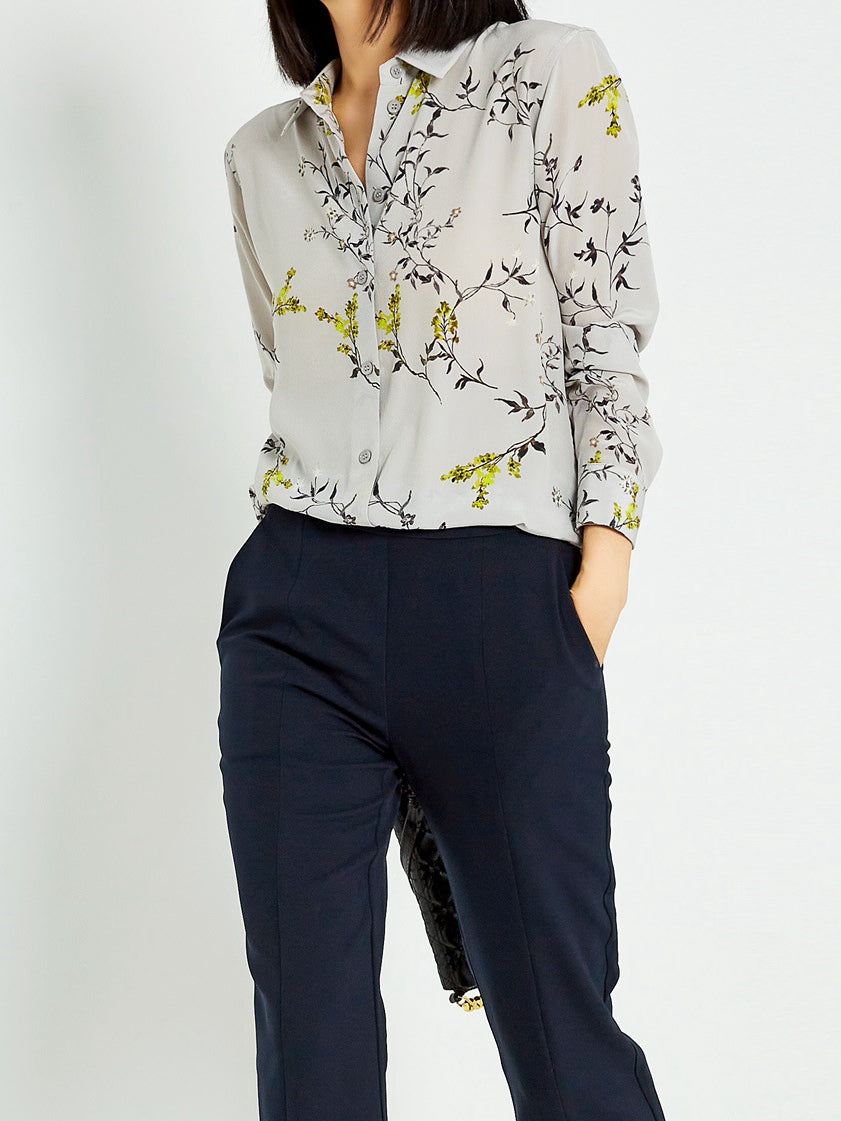 2025 New Sand-Washed Silk Shirt with Cool, Elegant Plum Blossom Print on Gray Base - Women's Top