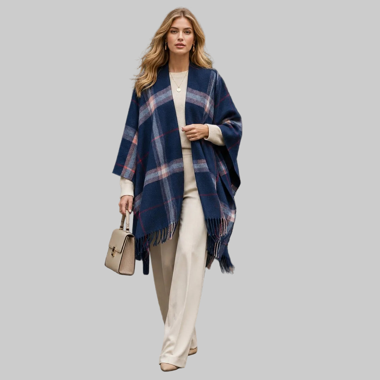 Women’s Plaid Cashmere-Feel Poncho Shawl – Warm Fringed Cape Wrap
