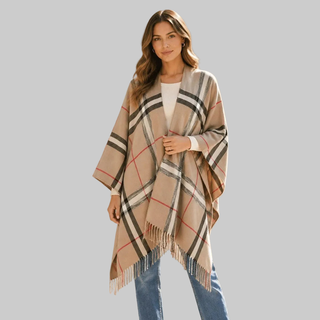 Women’s Plaid Cashmere-Feel Poncho Shawl – Warm Fringed Cape Wrap