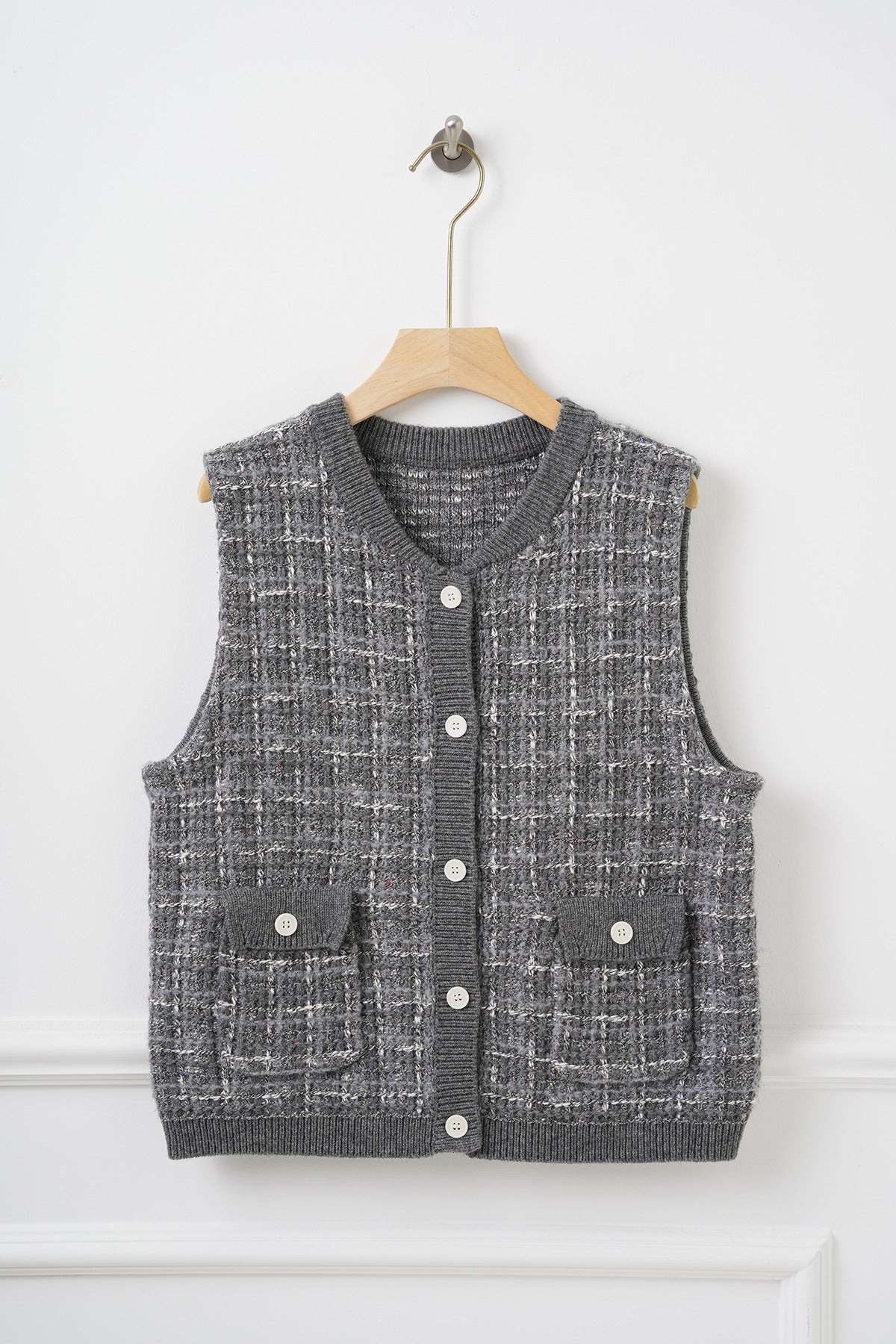 Wool-Blend Tweed Knit Vest – Chanel-Inspired Sleeveless Cardigan