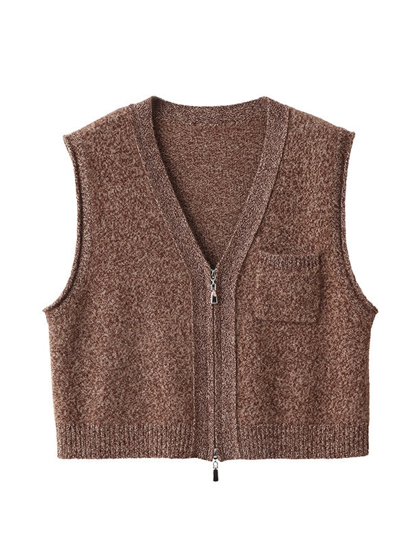 100% Wool Double-Zip V-Neck Vest – Vintage Casual Style