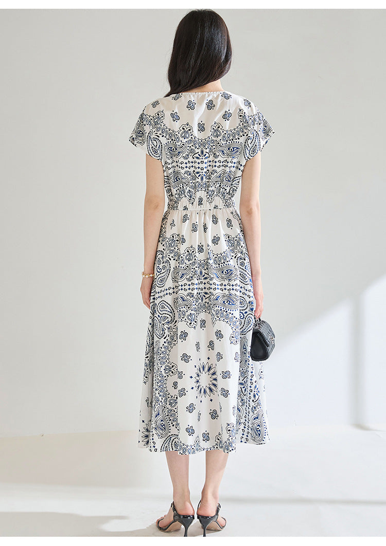Summer Paisley Print Cotton Dress – Elastic Waist French Vintage Resort Dress
