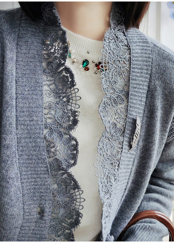Women’s Lace Trim Wool Cardigan – V-Neck French Style Knit Jacket
