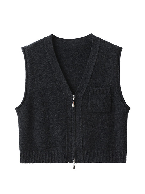 100% Wool Double-Zip V-Neck Vest – Vintage Casual Style