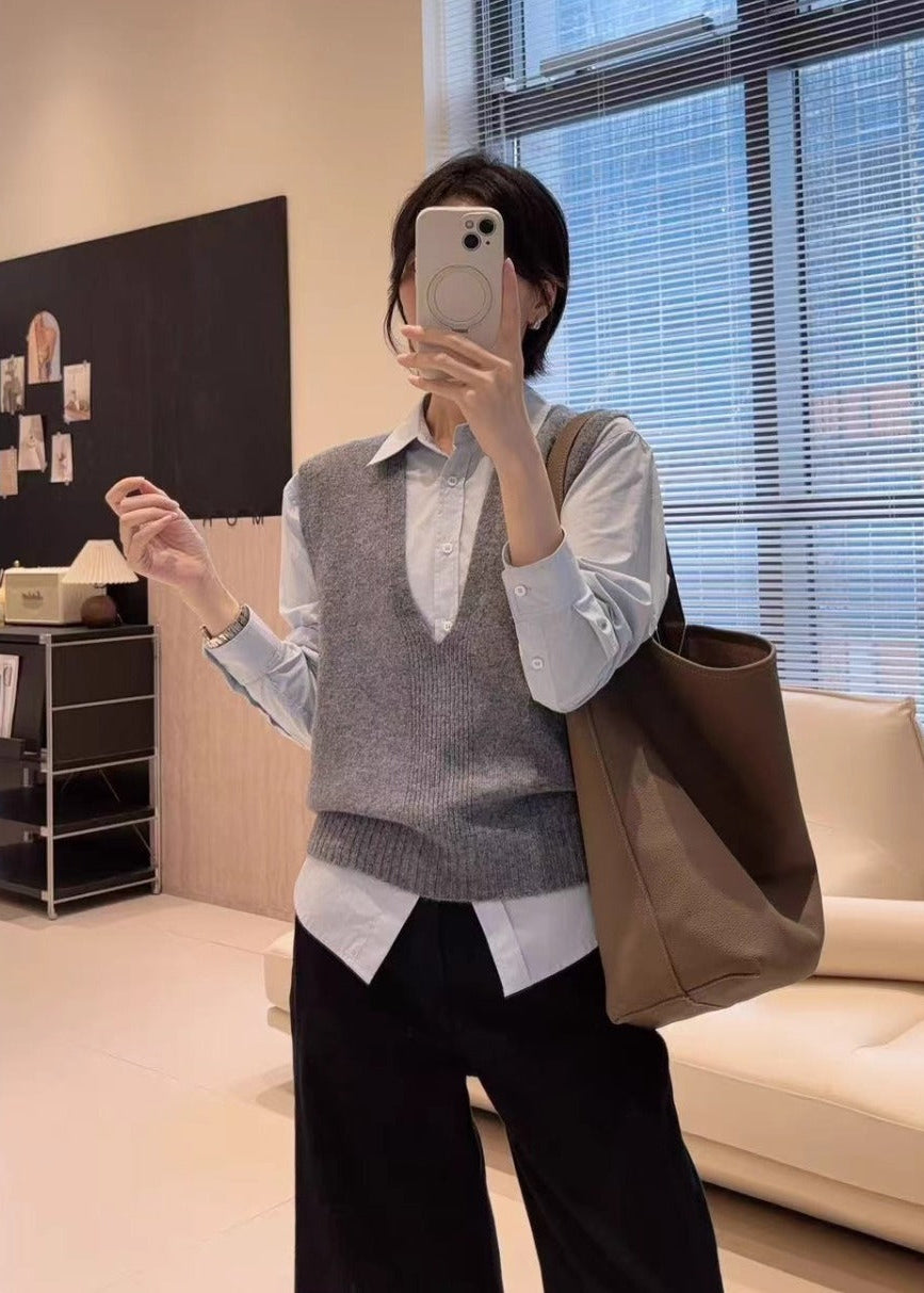 Women's V-Neck Layering Vest – 100% Wool Knit