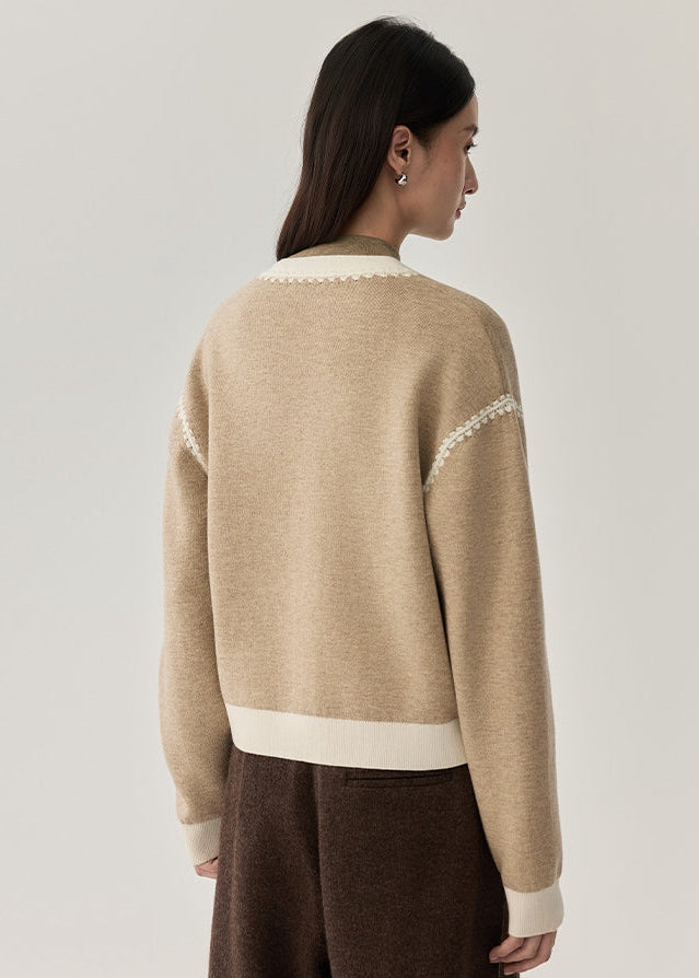 Machine-Washable Wool Cotton Blend Contrast Trim Cardigan