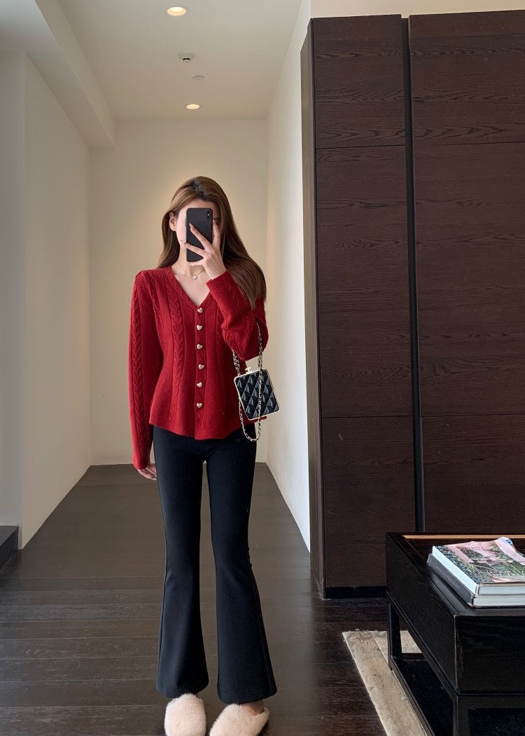 Elegant V-Neck Slim-Fit Knit Cardigan – Waist-Defining Red Sweater