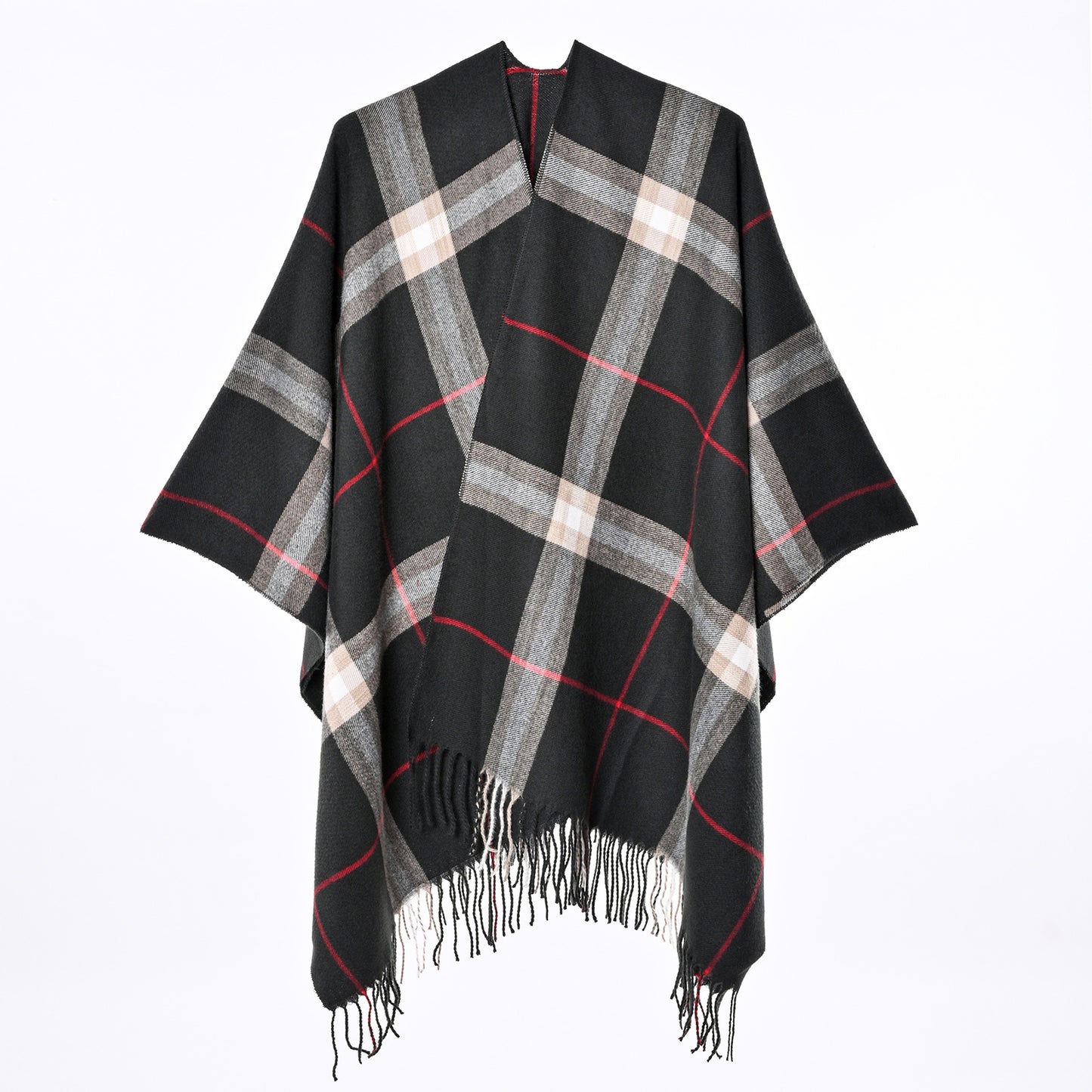 Women’s Plaid Cashmere-Feel Poncho Shawl – Warm Fringed Cape Wrap