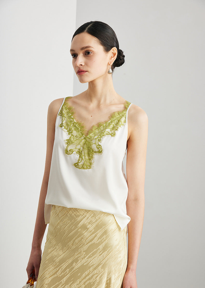 Mulberry Silk Lace Camisole | Elegant V-Neck Silk Top for Women
