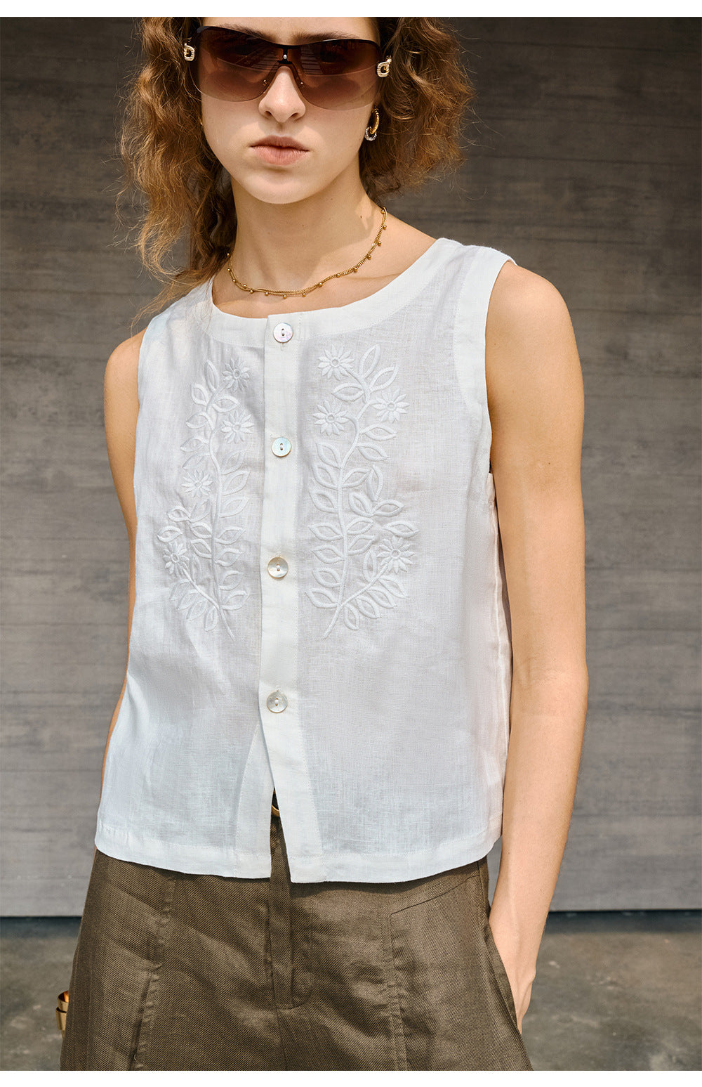 100% Linen Vest – Embroidered Sleeveless Top-5202001WSAK