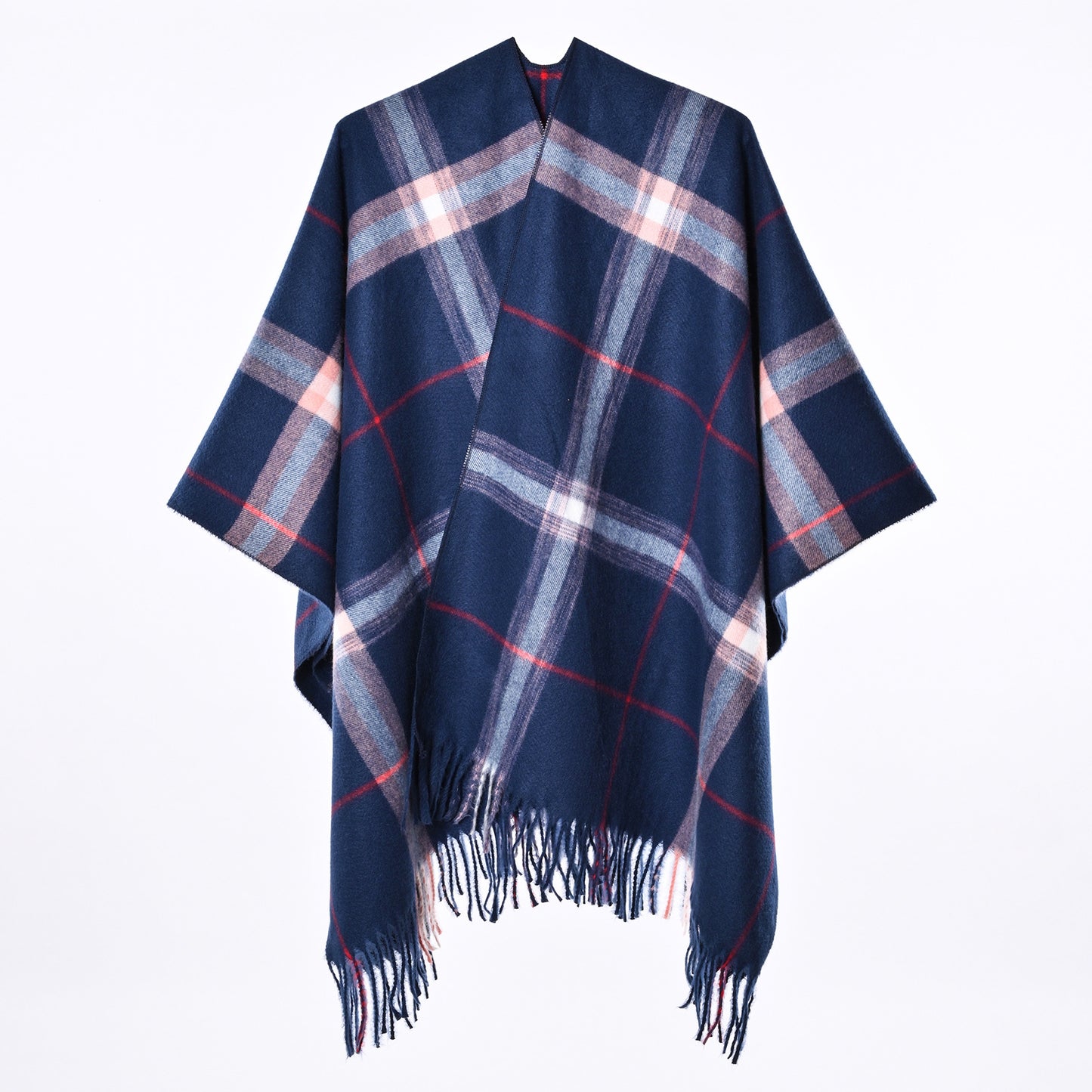 Women’s Plaid Cashmere-Feel Poncho Shawl – Warm Fringed Cape Wrap