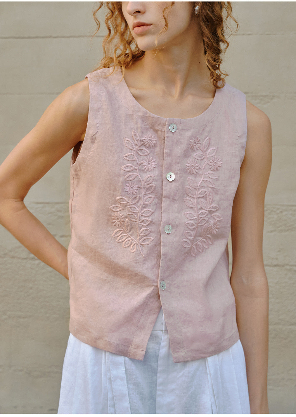 100% Linen Vest – Embroidered Sleeveless Top-5202001WSAK