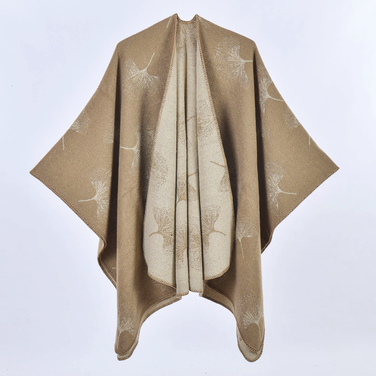 Ginkgo Leaf Cashmere-Feel Poncho Cape – Warm Oversized Shawl
