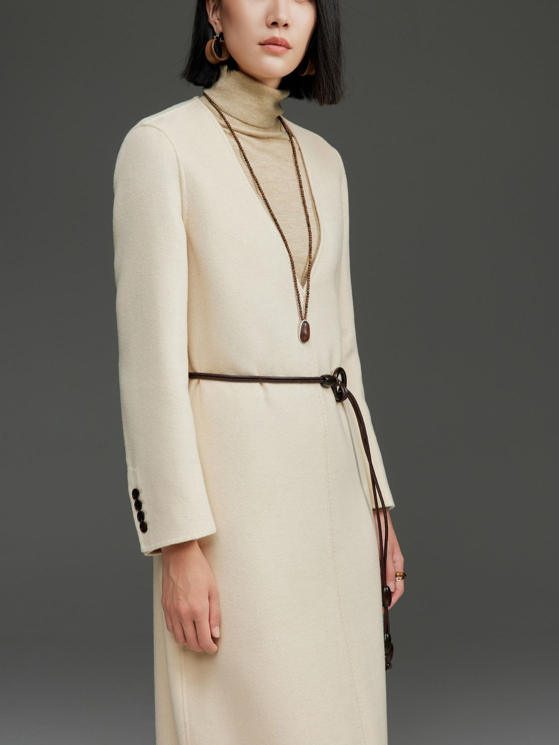 Reversible Cashmere Wool Coat Women, Deep V-Neck Pullover Long Dress Style