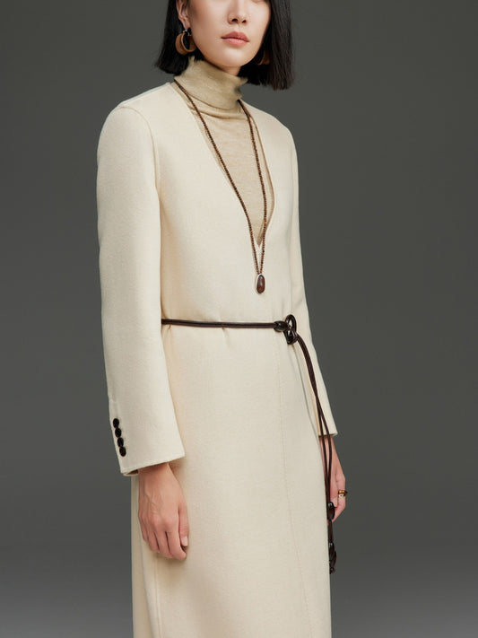 Reversible Cashmere Wool Coat Women, Deep V-Neck Pullover Long Dress Style
