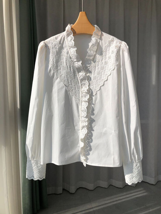 2025 New Lace French Elegance Heavy Embroidered V-Neck Long-Sleeve Cotton Blouse for Women