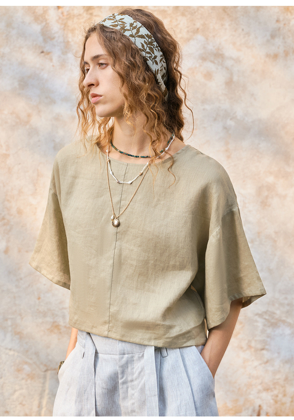 100% Linen Bell Sleeve Top