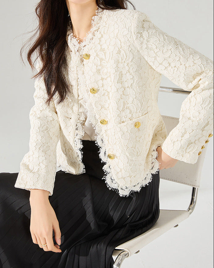 French-Inspired Lace Trim Tweed Jacket – Eyelash Lace Detail